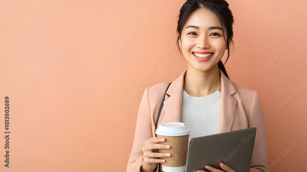 Happy Asian businesswoman holding a laptop and coffee, isolated background Happy Asian businesswoman holding a laptop and coffee, isolated background
