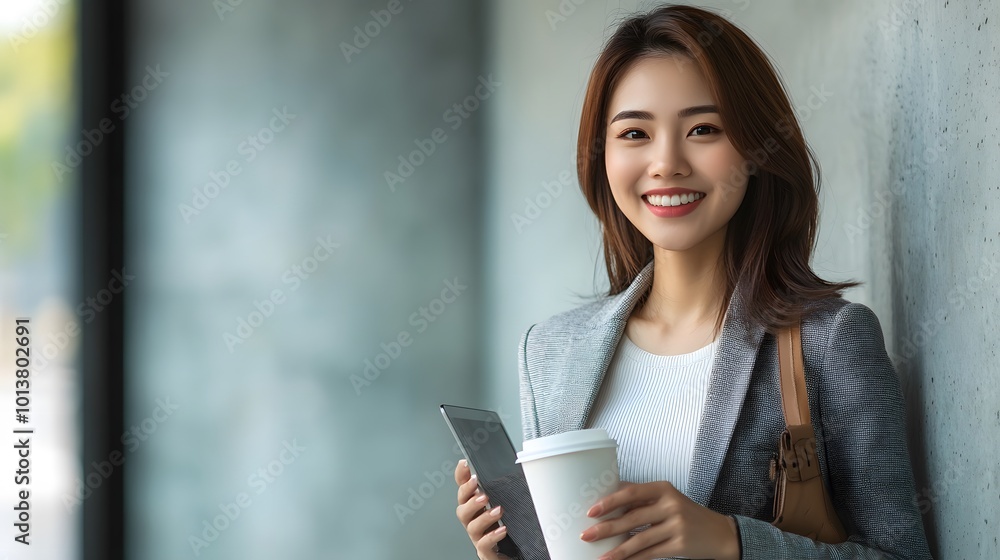 Happy Asian businesswoman holding a laptop and coffee, isolated background Happy Asian businesswoman holding a laptop and coffee, isolated background