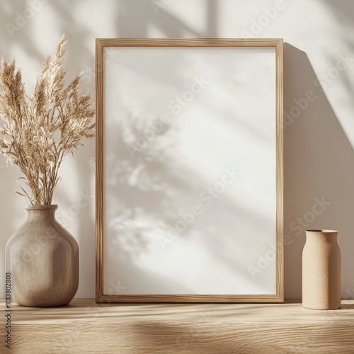 An arrangement of a wooden frame, vases, and dried plants against a light wall, emphasizing minimalistic and natural themes.