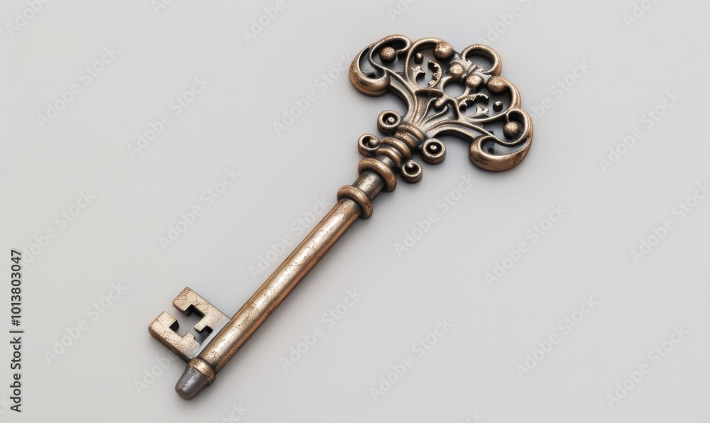 Naklejka premium Ornate antique key, white background, 4K hyperrealistic photo