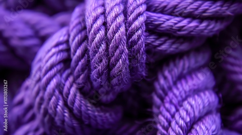 Close-up of purple twisted, rough, violet jute cord with knots