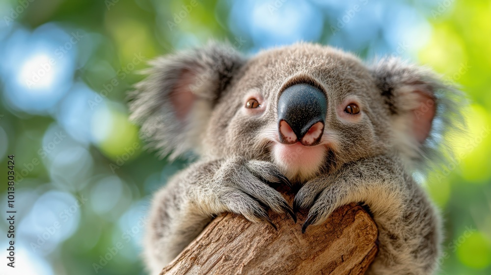 Naklejka premium A koala peering curiously over a tree branch with its wide eyes, encapsulating an explorative and inquisitive nature amidst serene forest surroundings.