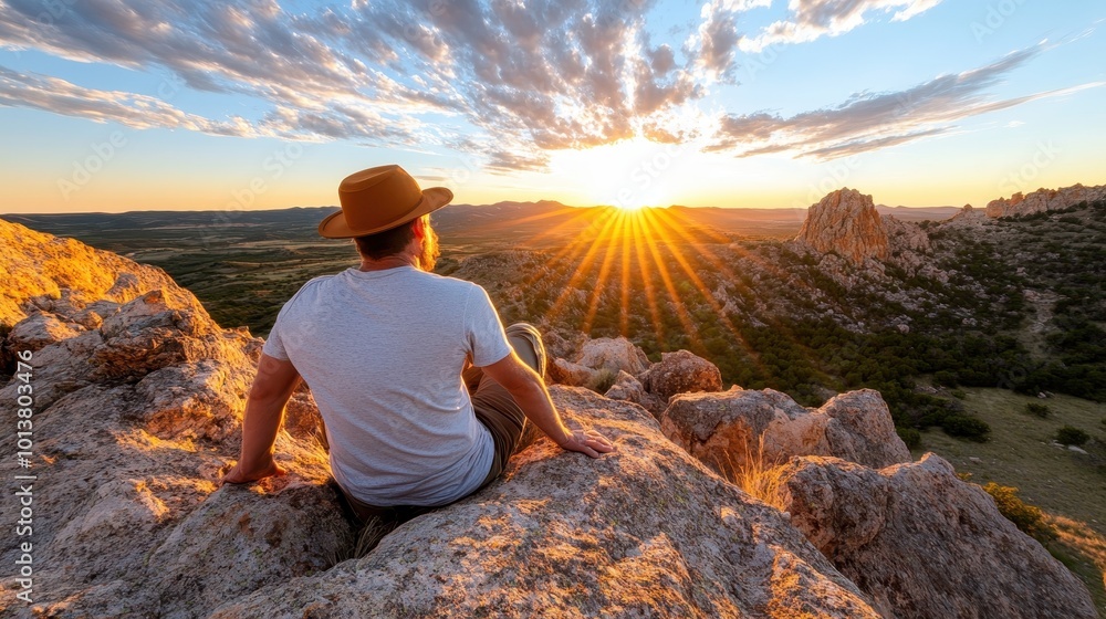 Fototapeta premium A man wearing a hat sits on a rocky cliff, gazing at the sunrise with sunbeams stretching across the open landscape, symbolizing peace and introspection in nature.