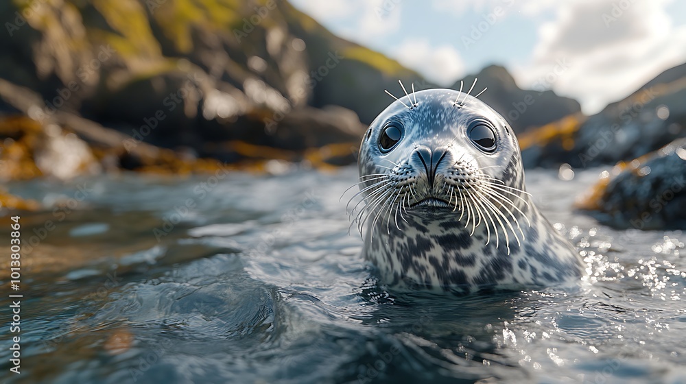 Fototapeta premium Scottish coast grey seal gazes with sparkling eyes watching the coastal surroundings