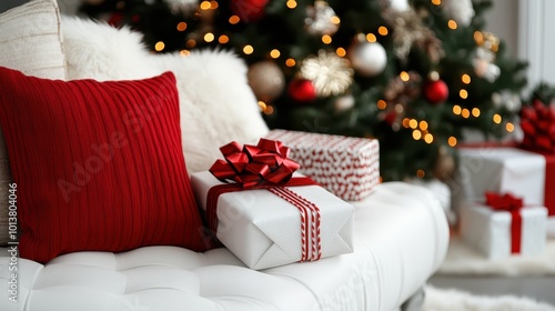 A plush white sofa adorned with red pillows features beautifully wrapped holiday gifts and a warmly lit Christmas tree in the background, creating coziness.