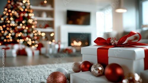 A white gift box with a striking red ribbon sits on a carpet, surrounded by shiny baubles and soft lights, with a decorated Christmas tree nearby.