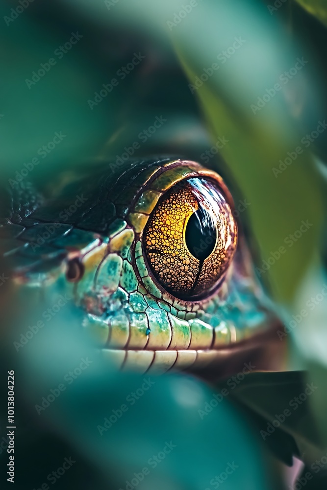 Fototapeta premium Close up of a Frog's Eye Peeking Through Green Leaves