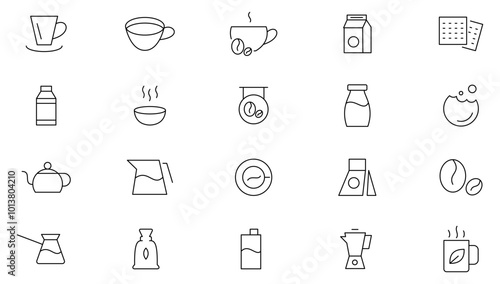 Tea and Coffee line icon set. Coffee maker machine, beans, espresso cup, cup, leaf, packaging, tea bag, glasses, teapot, disposable cup, machine, recommended line icon set. UI thin line icon pack.