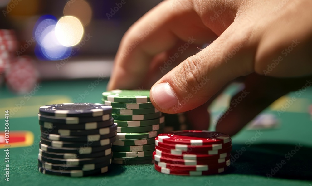 Poker chips on a green felt table. Poker chips on a green felt table.