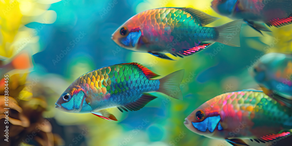 Fototapeta premium A group of colorful fish swimming lazily in an aquarium, their scales reflecting hues of blue, green, and red, receiving attention from an experienced aquarist.