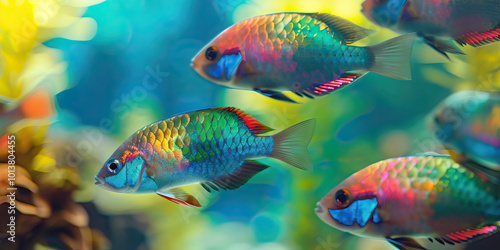 A group of colorful fish swimming lazily in an aquarium, their scales reflecting hues of blue, green, and red, receiving attention from an experienced aquarist.