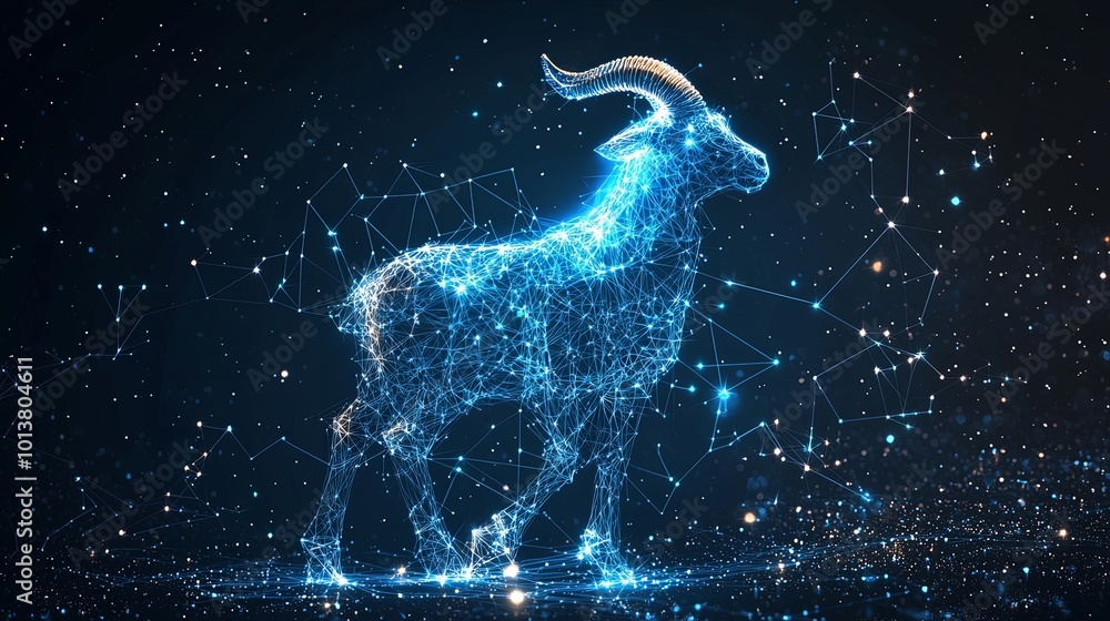 The electrifying silhouette of a goat in a digital mesh of connected stars and lines, capturing a blend of cosmic energy and digital precision in artistic style. The electrifying silhouette of a goat in a digital mesh of connected stars and lines, capturing a blend of cosmic energy and digital precision in artistic style.