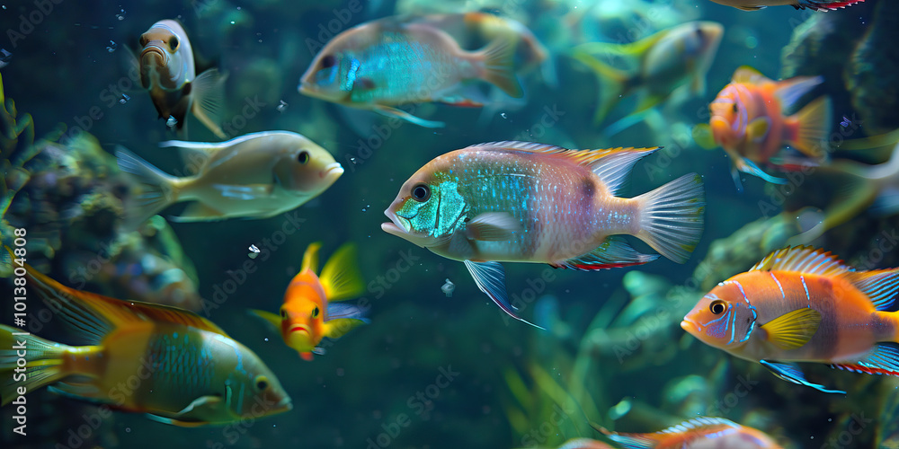 A group of colorful fish swimming lazily in an aquarium, their scales reflecting hues of blue, green, and red, receiving attention from an experienced aquarist. A group of colorful fish swimming lazily in an aquarium, their scales reflecting hues of blue, green, and red, receiving attention from an experienced aquarist.