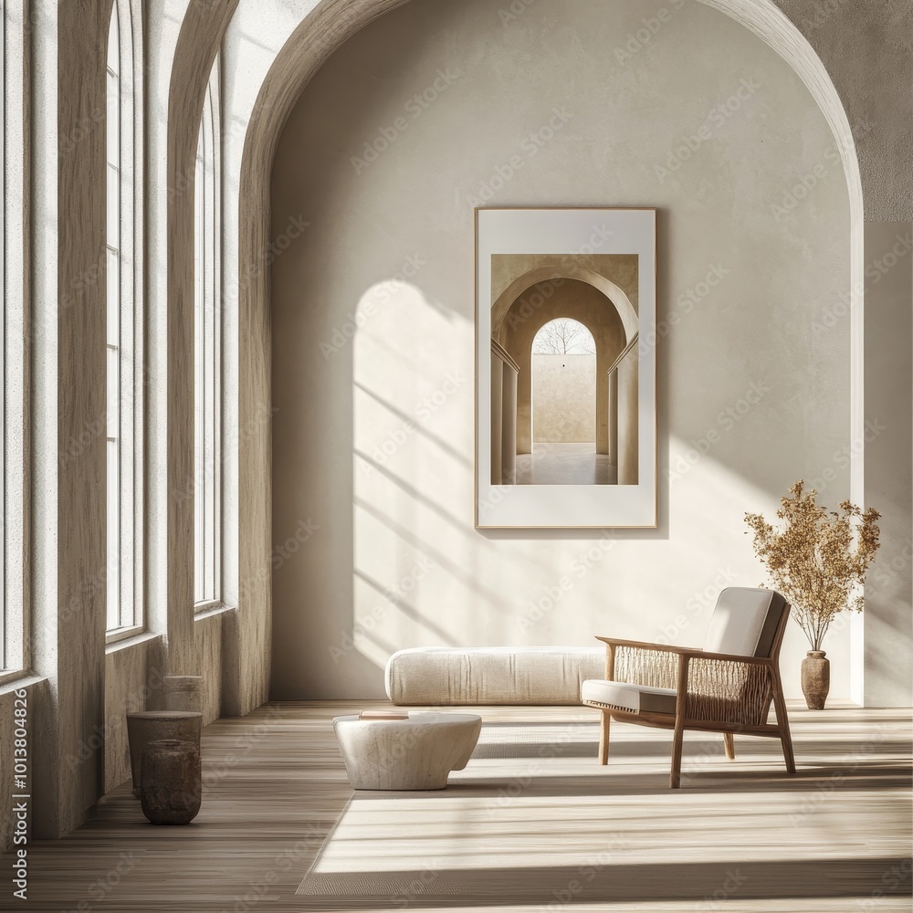 Room showcasing art deco style with a framed archway print, curved walls, and minimalist furniture in soft light. Room showcasing art deco style with a framed archway print, curved walls, and minimalist furniture in soft light.