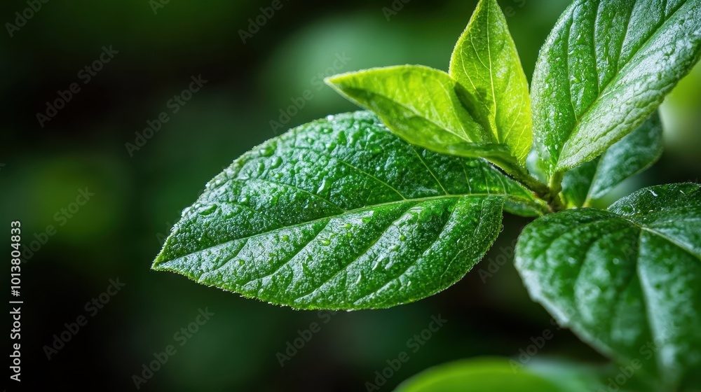 Close-up of a vibrant green leaf adorned with fresh morning dew droplets, capturing the essence of nature's freshness and tranquility. Perfect for nature enthusiasts. Close-up of a vibrant green leaf adorned with fresh morning dew droplets, capturing the essence of nature's freshness and tranquility. Perfect for nature enthusiasts.