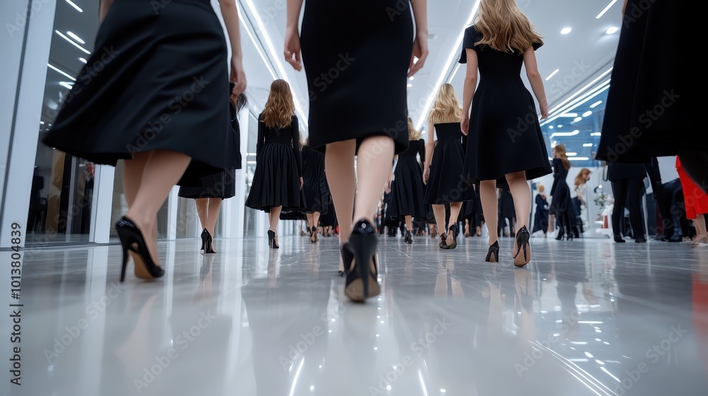Obraz premium An elegant parade of models in black dresses and high heels moves through a polished, brightly lit hallway, combining modern fashion with classic grace and style.