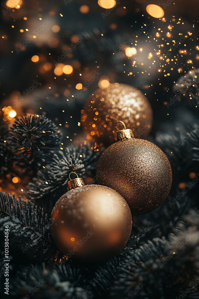 Shiny Christmas tree balls on golden sparkle bokeh background with sparkle and glitter. Celebrating winter New Year holiday on festive atmosphere. Shiny Christmas tree balls on golden sparkle bokeh background with sparkle and glitter. Celebrating winter New Year holiday on festive atmosphere.