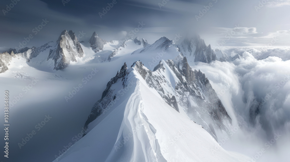 Fototapeta premium A high-angle shot of snow-covered mountains with clouds swirling around the peaks, shot at sunrise