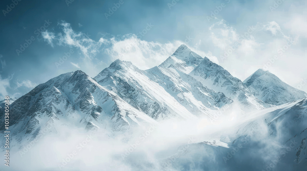 A high-angle shot of snow-covered mountains with clouds swirling around the peaks, shot at sunrise A high-angle shot of snow-covered mountains with clouds swirling around the peaks, shot at sunrise
