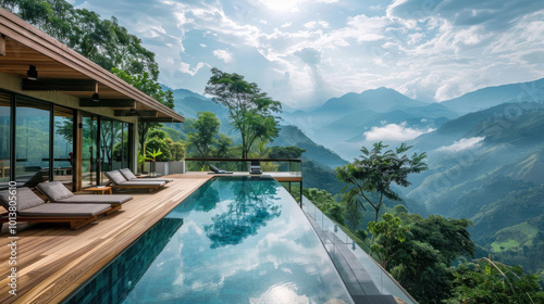 A high-end resort nestled in the mountains, with infinity pools overlooking breathtaking scenery photo