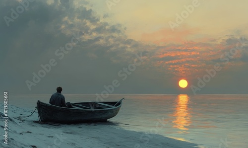 A lone figure sits in a boat at sunset.