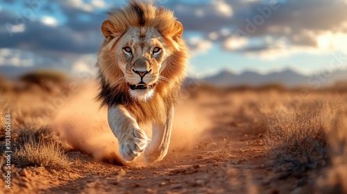 A lion runs swiftly across the dusty savannah, dust swirling around its feet under a spacious sky, conveying motion, wild energy, and the freedom of the animal kingdom. photo