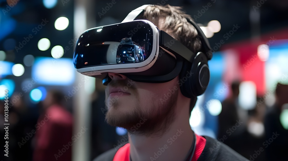 Man using a VR headset in a tech environment, exploring virtual reality for an immersive digital experience. Man using a VR headset in a tech environment, exploring virtual reality for an immersive digital experience.