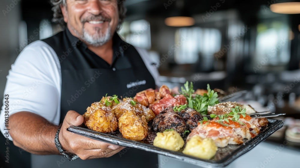 A confident chef presents a gourmet plate with diverse selections, embodying exquisite culinary art and skill in an upscale restaurant setting. A confident chef presents a gourmet plate with diverse selections, embodying exquisite culinary art and skill in an upscale restaurant setting.