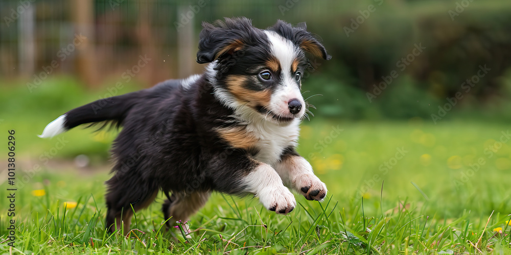A playful puppy, its fur coat a mix of black, white, and brown, romping around in a grassy field, stopping to get its annual vaccinations. A playful puppy, its fur coat a mix of black, white, and brown, romping around in a grassy field, stopping to get its annual vaccinations.