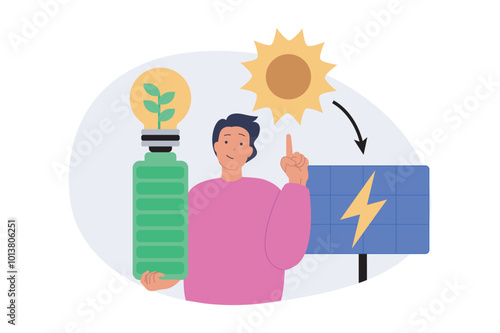 Ecology concept in modern flat design for web. Man using clean green and renewable energy with solar panels generator station and recharging battery for save nature resources. Vector illustration.