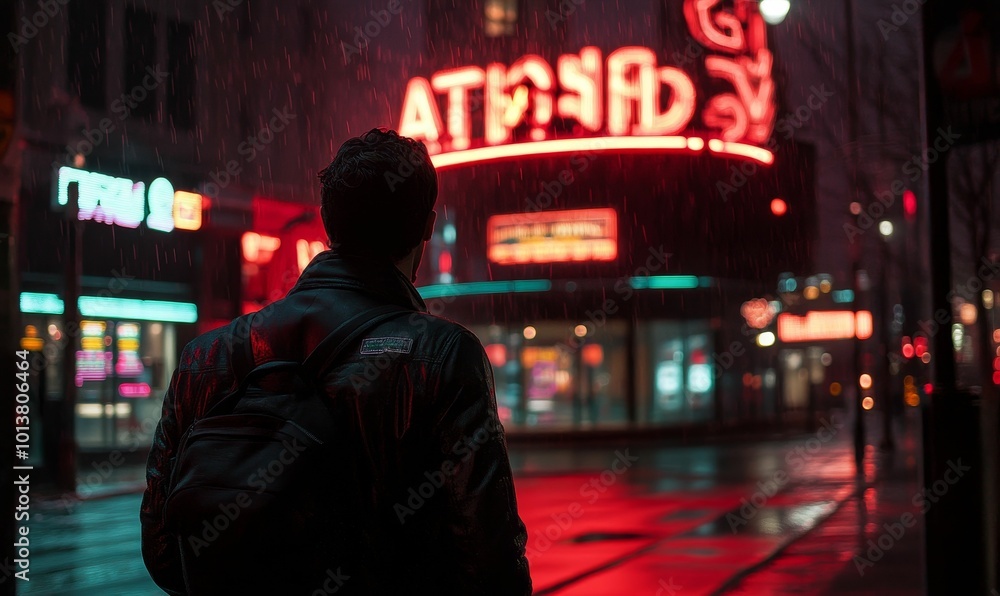 A man walks through a neon-lit street in the rain. A man walks through a neon-lit street in the rain.