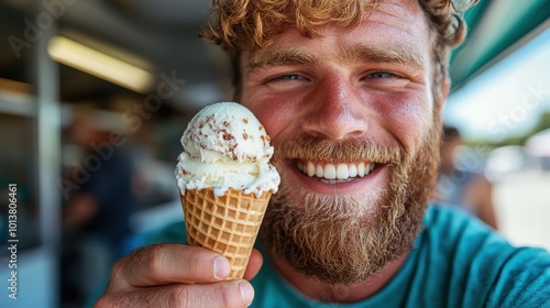 A bearded man with a joyful smile holds a waffle ice cream cone, radiating happiness and delight in a bustling ice cream shop setting with friends. photo