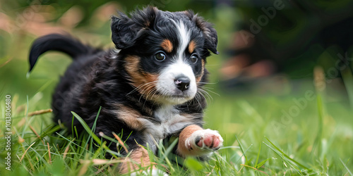 A playful puppy, its fur coat a mix of black, white, and brown, romping around in a grassy field, stopping to get its annual vaccinations.