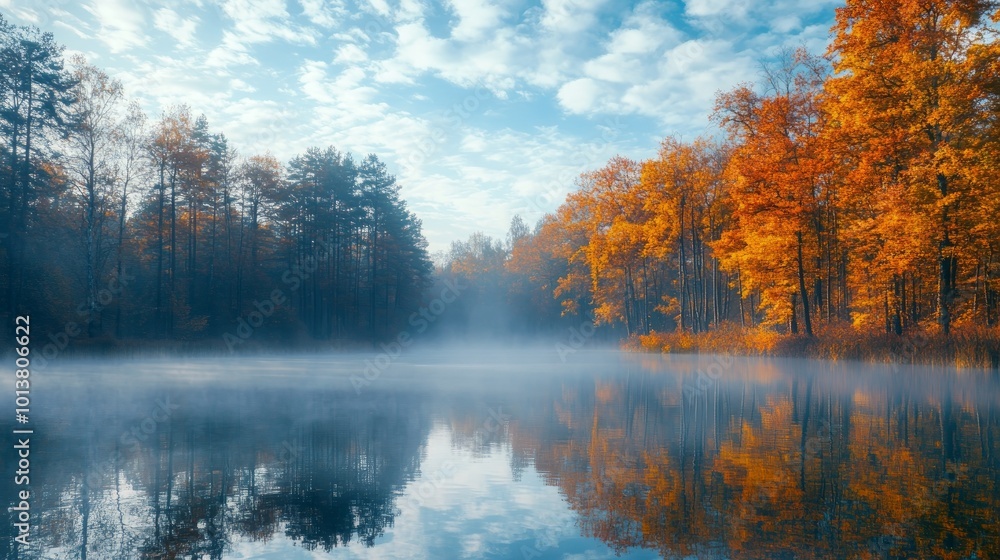 A tranquil autumn scene with a misty lake reflecting the vibrant colors of fall foliage. A tranquil autumn scene with a misty lake reflecting the vibrant colors of fall foliage.