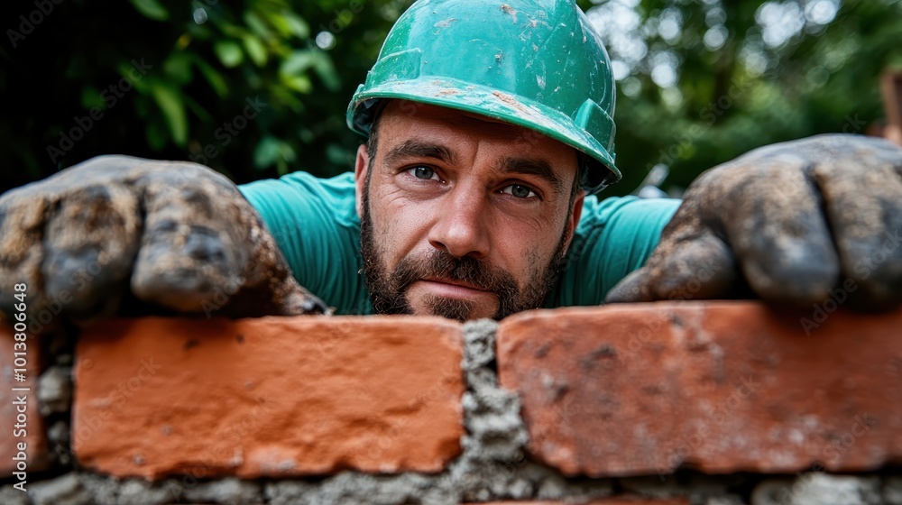 A focused construction worker, wearing a green helmet, carefully positions red bricks, showing attention to detail and craftsmanship in a natural outdoor setting. A focused construction worker, wearing a green helmet, carefully positions red bricks, showing attention to detail and craftsmanship in a natural outdoor setting.