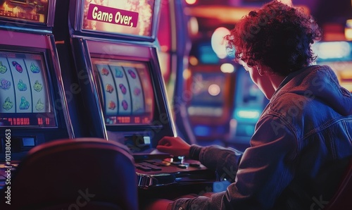 Person plays a slot machine, game over. photo