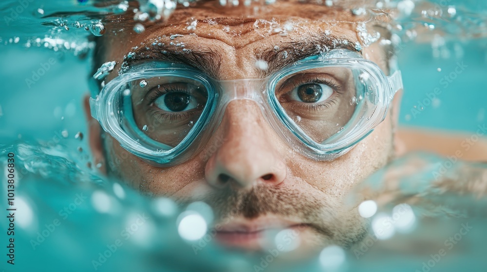 Naklejka premium A man with intense gaze peers through swimming goggles in water, emphasizing focus, determination, and connection with the elements around him in motion.
