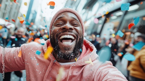 An elated man in a pink hoodie is surrounded by colorful confetti on a busy street, capturing the essence of joy, excitement, and vibrant celebration. photo