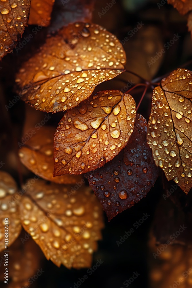 Close up of rain drops on autumn leaves Close up of rain drops on autumn leaves