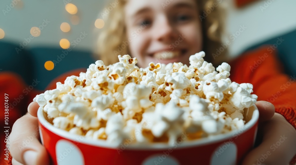 A cheerful person extends a bowl of appetizing popcorn, inviting viewers to share in the joy and creating a heartwarming moment of generosity and inclusion. A cheerful person extends a bowl of appetizing popcorn, inviting viewers to share in the joy and creating a heartwarming moment of generosity and inclusion.
