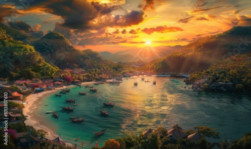 Coastal village nestled between emerald hills and white sandy beaches, with fishermen hauling in their day's catch under a vibrant sunset sky, 4K hyperrealistic photo