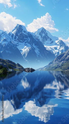 Serene mountain lake reflecting the surrounding peaks, 4K hyperrealistic photo.