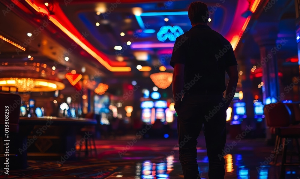 Silhouette of a man in a brightly lit casino. Silhouette of a man in a brightly lit casino.