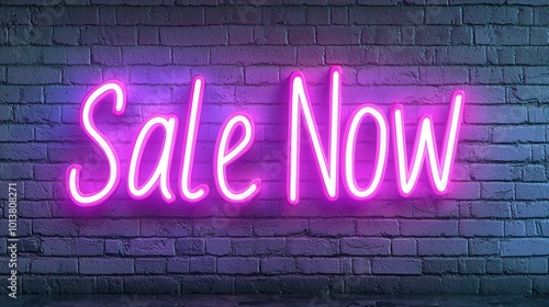 Sale Now neon sign glowing on brick wall background. photo