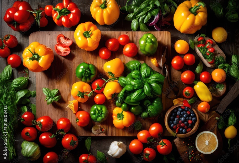 colorful vibrant flat lay fresh ingredients displayed artistically beautiful arrangement bright tones, appetizing, backdrop, banquet, clean, composition colorful vibrant flat lay fresh ingredients displayed artistically beautiful arrangement bright tones, appetizing, backdrop, banquet, clean, composition