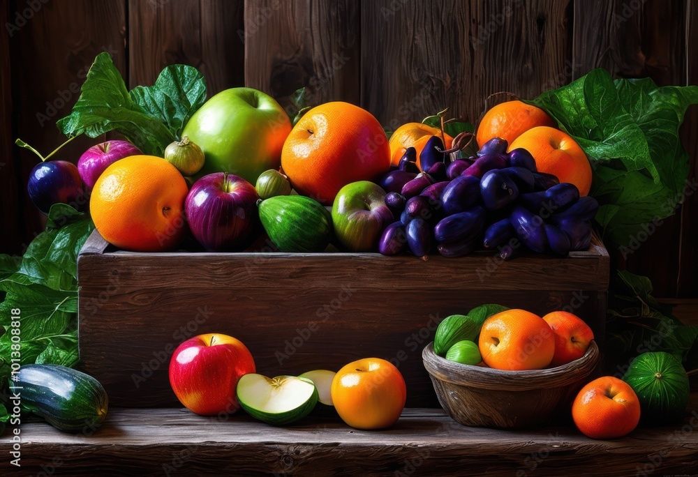 vibrant fresh fruits vegetables arranged aesthetically rustic wooden table surface highlighting natural colors textures, backdrop, arrangement, produce vibrant fresh fruits vegetables arranged aesthetically rustic wooden table surface highlighting natural colors textures, backdrop, arrangement, produce