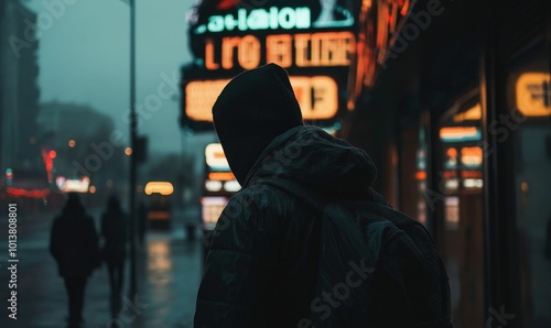 A hooded figure walks past a neon sign.