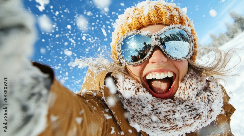 A woman dressed warmly in a brown jacket and knit hat, taking a selfie as snowflakes fall around her, exuding excitement and joy in a winter wonderland. A woman dressed warmly in a brown jacket and knit hat, taking a selfie as snowflakes fall around her, exuding excitement and joy in a winter wonderland.