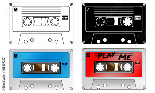 Old style vintage tape cassettes, retro cassette designs
