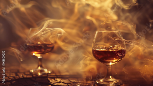 Two glasses of alcohol are on a table with smoke in the background